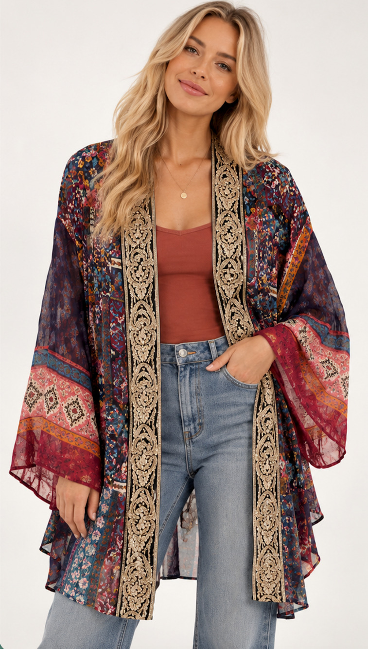 Soft Surroundings Kimono 1X Paisley Patchwork Embroidered Boho Cardigan NWT